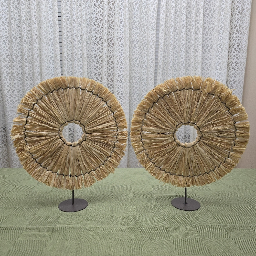 Set of 2 Raffia Sunburst Tabletop Sculpture Decor 14" Brown Metal Pedestal Base